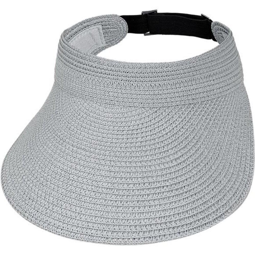 Gray Wide Brim Straw Sun Visor Hat Packable Straw Visor With Adjustable Fit